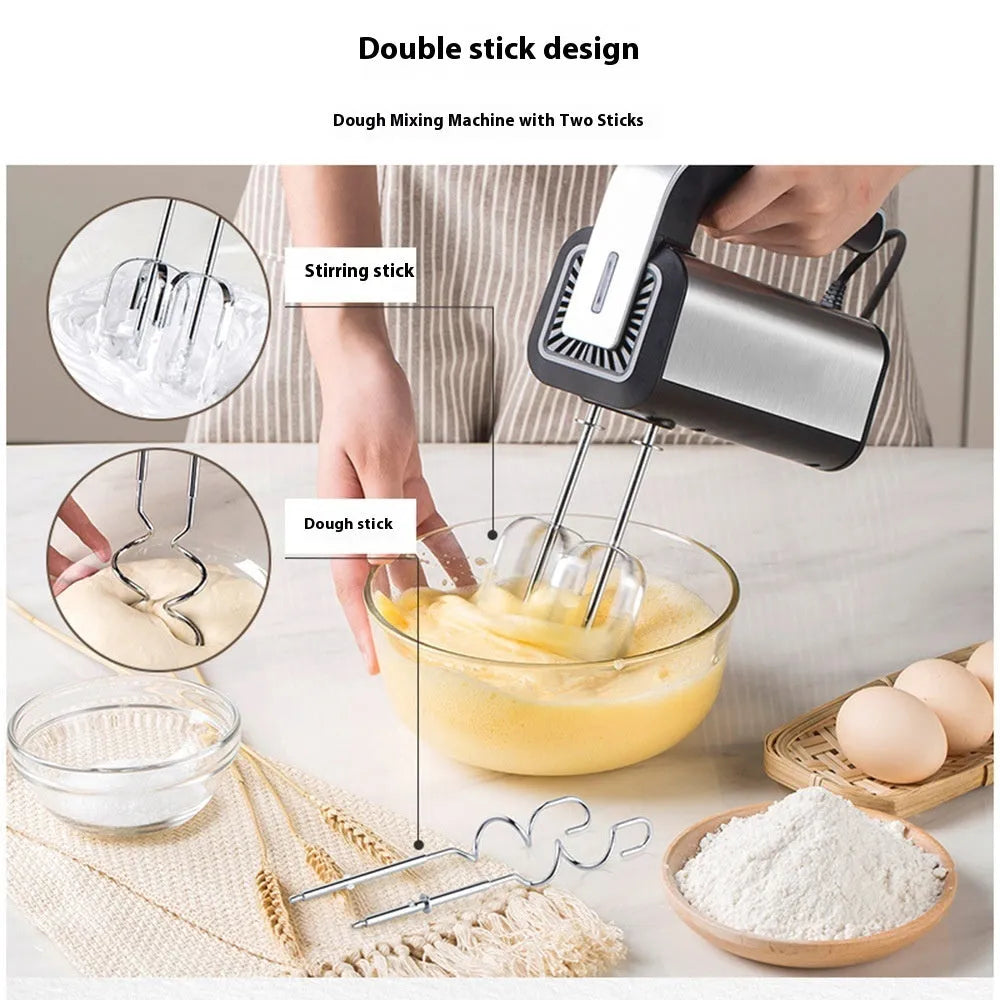 Silver household electric whisk with five speed settings and handheld operation