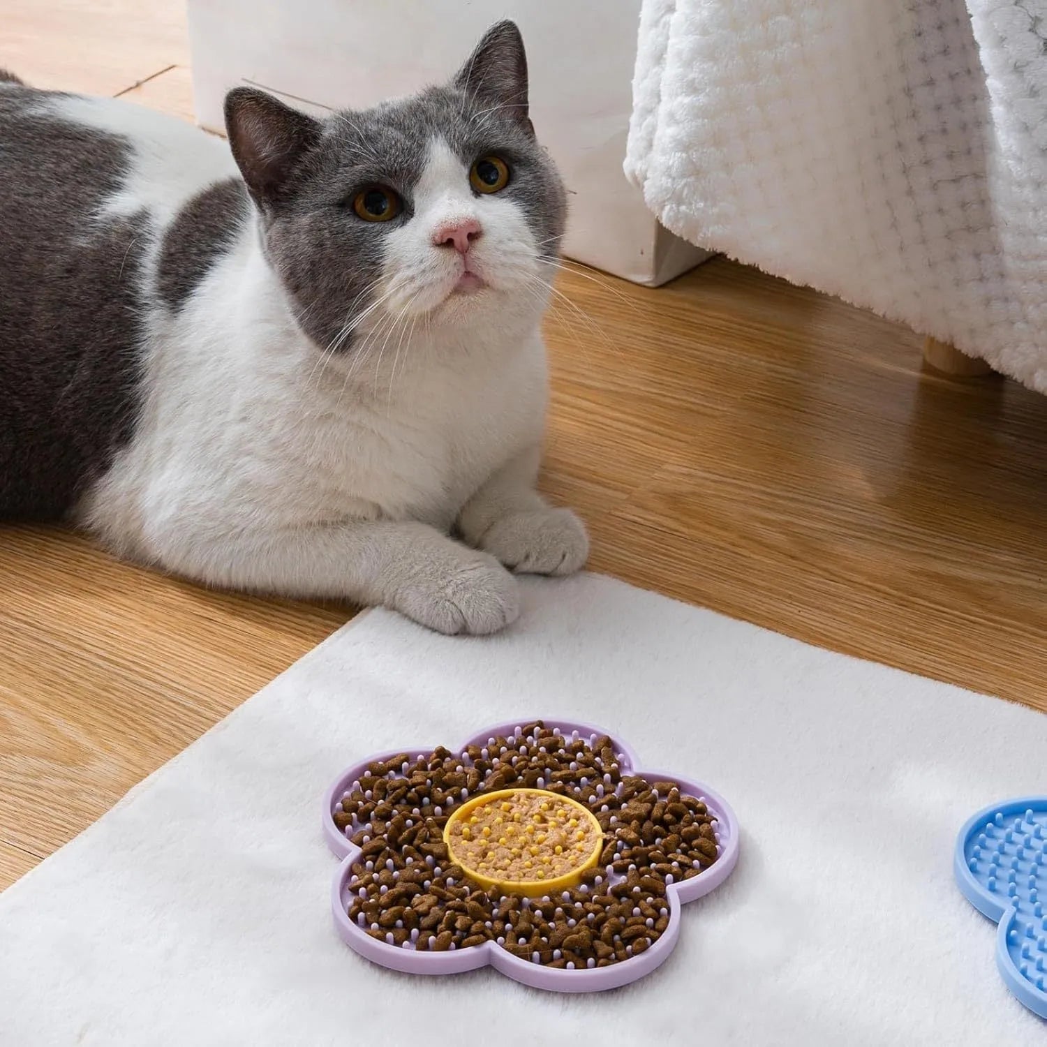 Flower-shaped silicone lick pad for cats and dogs with multiple suction cups on the back, shown in a choice of colours.