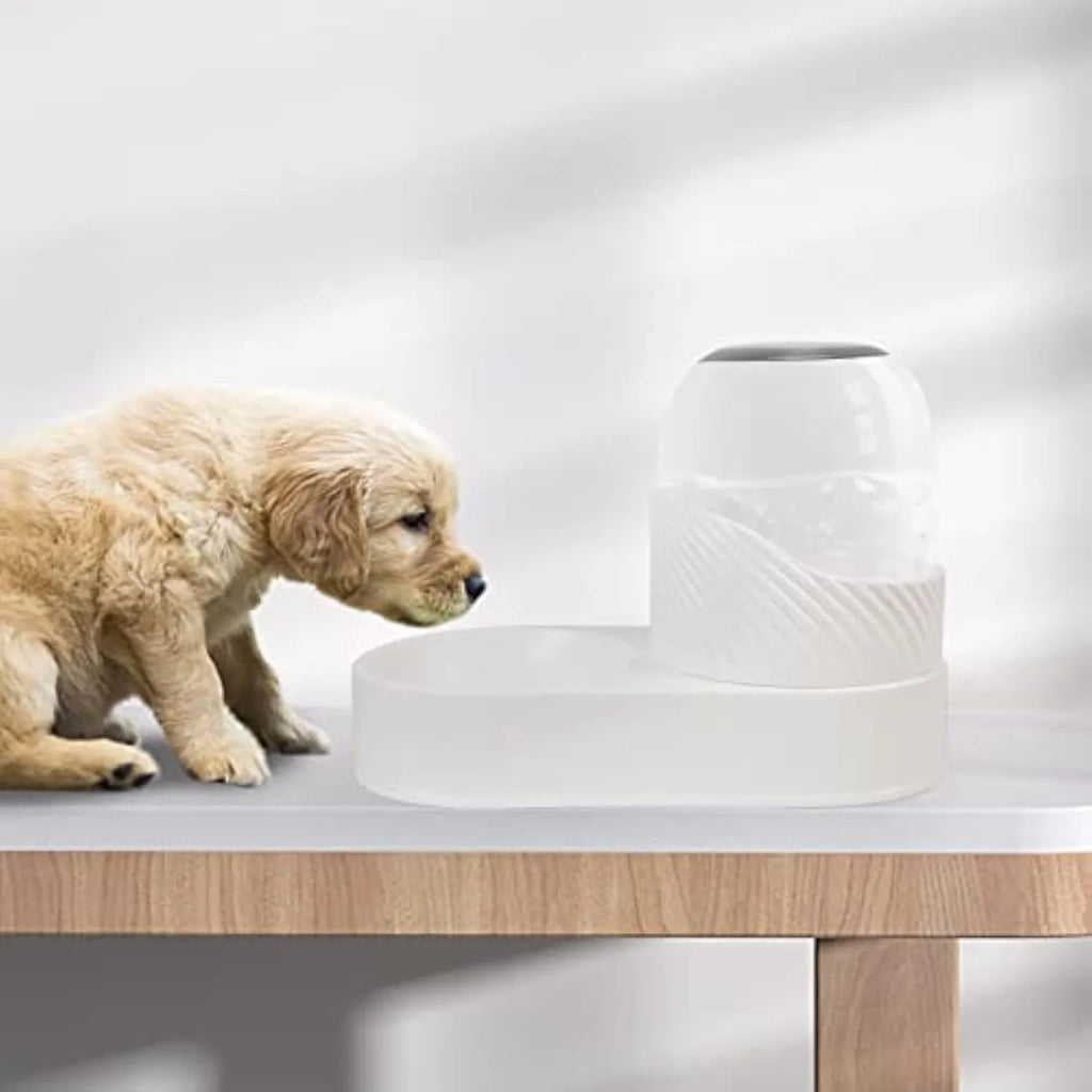 White gravity cat feeder and water dispenser set with wave-shaped design, showing two 2 litre containers