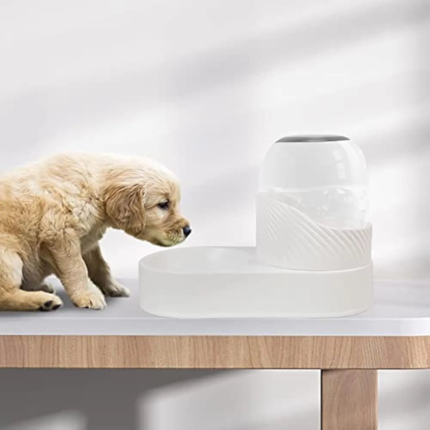 White gravity cat feeder and water dispenser set with wave-shaped design, showing two 2 litre containers