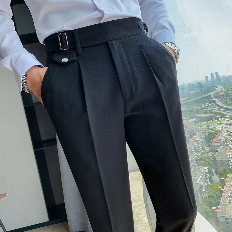 Men's straight-leg casual trousers in polyester fabric showing multiple solid colour options