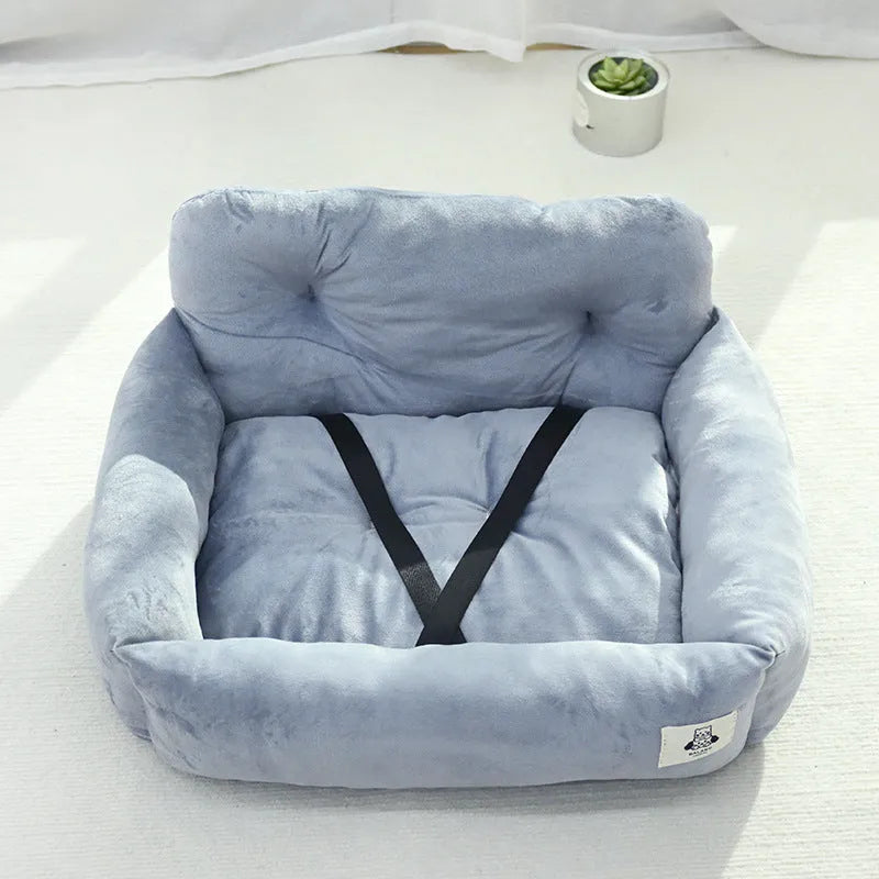 Car-mounted pet travel nest in stain-resistant cloth, showing grey and blue plaid options with size dimensions
