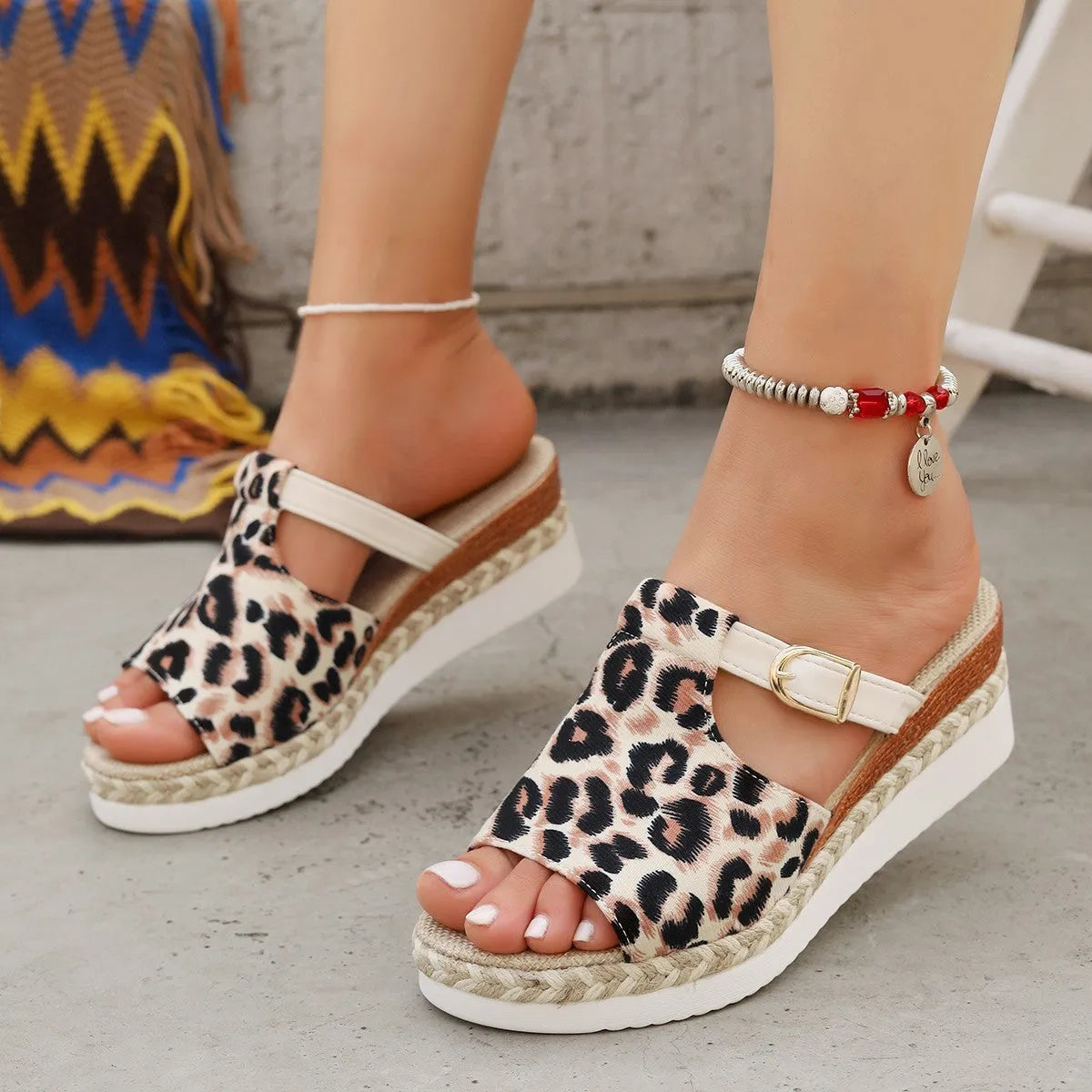 Leopard print wedge platform sandals with a fish mouth toe bracket, in light green.