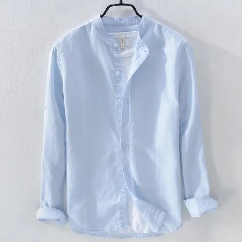 Men's loose fit long sleeve casual shirt in linen-cotton blend, shown in dark blue colour.
