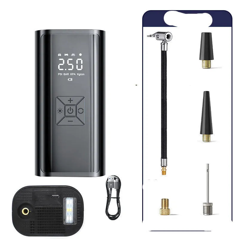Portable wireless digital display tyre pump with inflatable tube and power cables