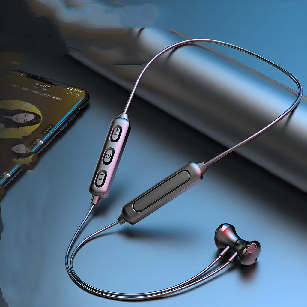 Black neck-mounted wireless sports earphones with Bluetooth connectivity for stereo audio
