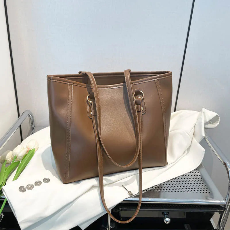 Women's contrast colour PU tote bag with horizontal square shape and large capacity in black, white, khaki, or brown