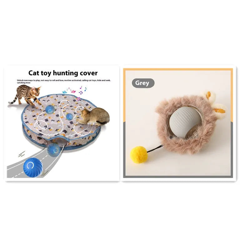 Silicone rolling ball cat toy in red, green, or grey colours, some variants with an attached rope.