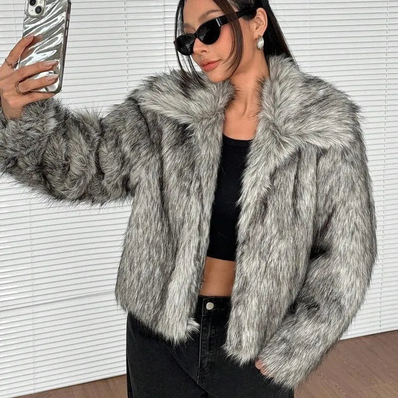 Women's artificial fur coat with fur collar in six colour options including dog fur pattern