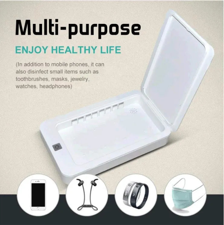 Blue UV phone steriliser box with touch control and open lid showing disinfection chamber.