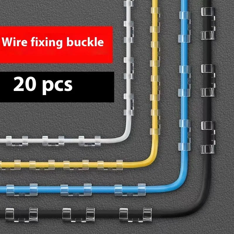 Transparent plastic self-adhesive wire routing clips for cable organisation