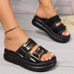 Women's thick bottom slippers with suede upper and rubber sole in apricot, black, and off-white colours