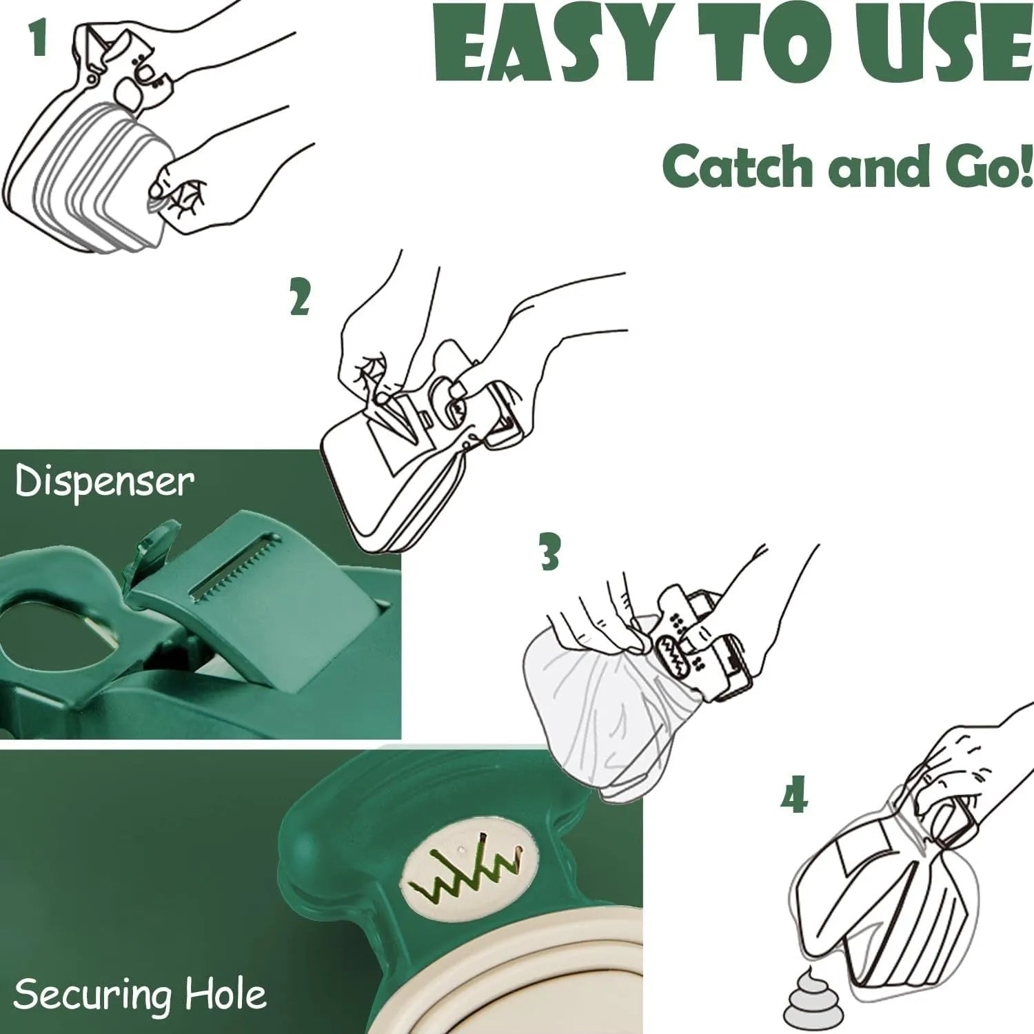 Portable handheld dog poop scooper with expandable container and bag dispenser in blue, green, grey, or yellow.