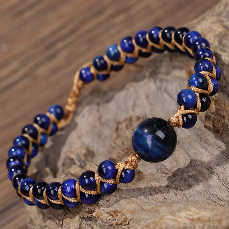 Handmade woven geometric pull bracelet with Tigereye stone beads in blue or amethyst colours