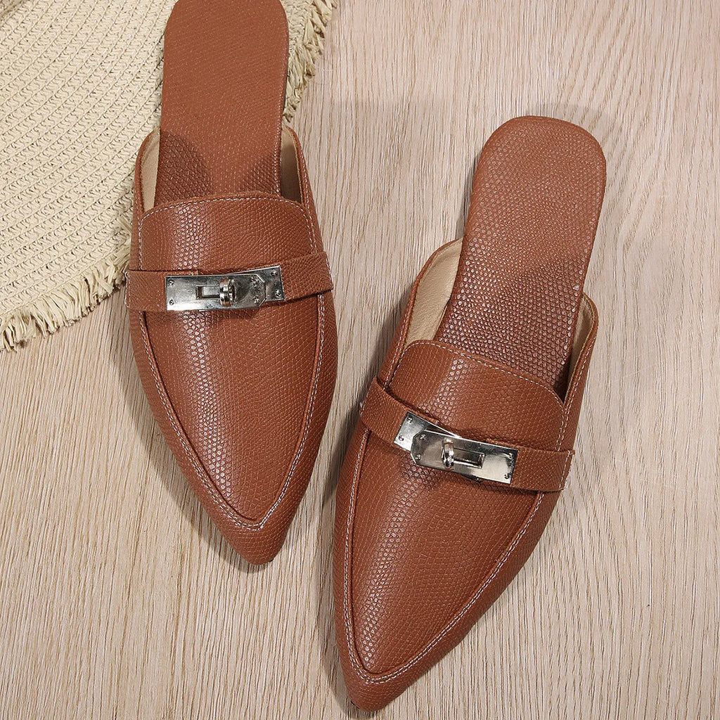 Light brown women's pointed-toe low-heel casual slippers with PU upper and rubber sole
