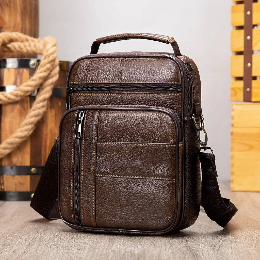 Men's vintage genuine leather cowhide shoulder bag in vertical square shape with zipper opening