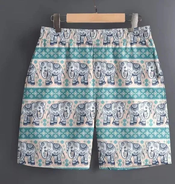 Men's casual polyester shorts in camouflage pattern, laid flat showing waistband and leg.