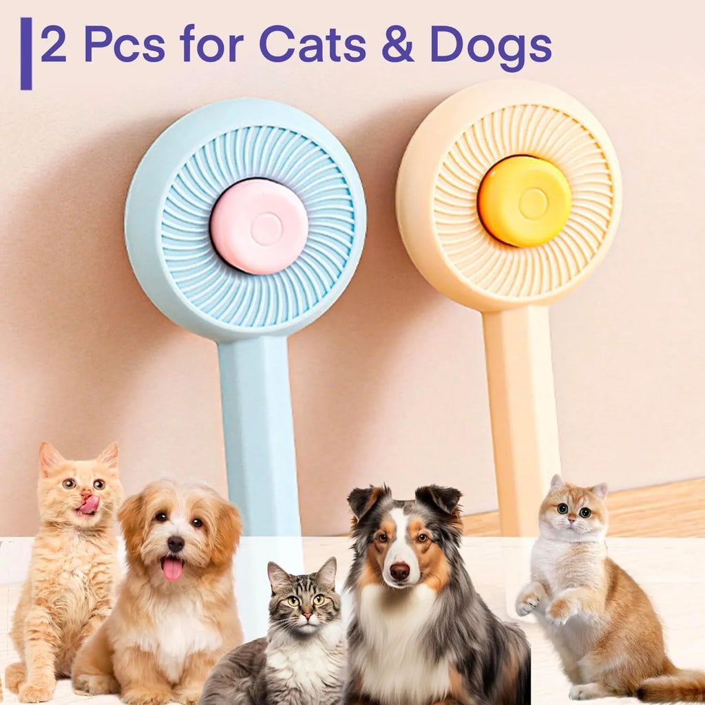 Blue self-cleaning pet grooming brush with metal pins and a button for hair removal