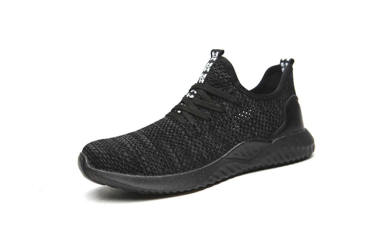 Men's black safety work shoes with steel toe caps and low-cut design for industrial use