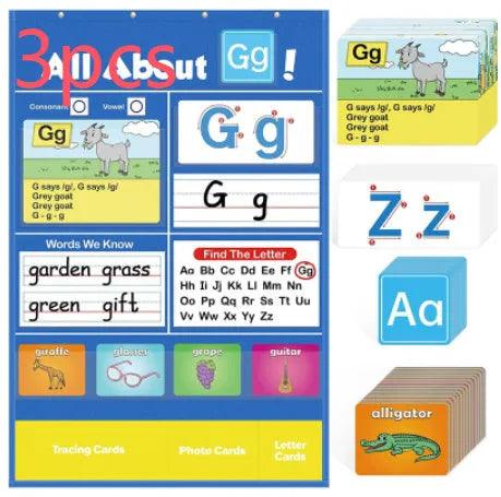 Children's alphabet learning sleeve chart with word cards, letter cards and picture cards