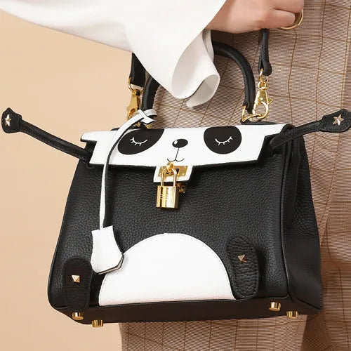 Panda pattern cowhide leather handbag in horizontal square shape, two size options