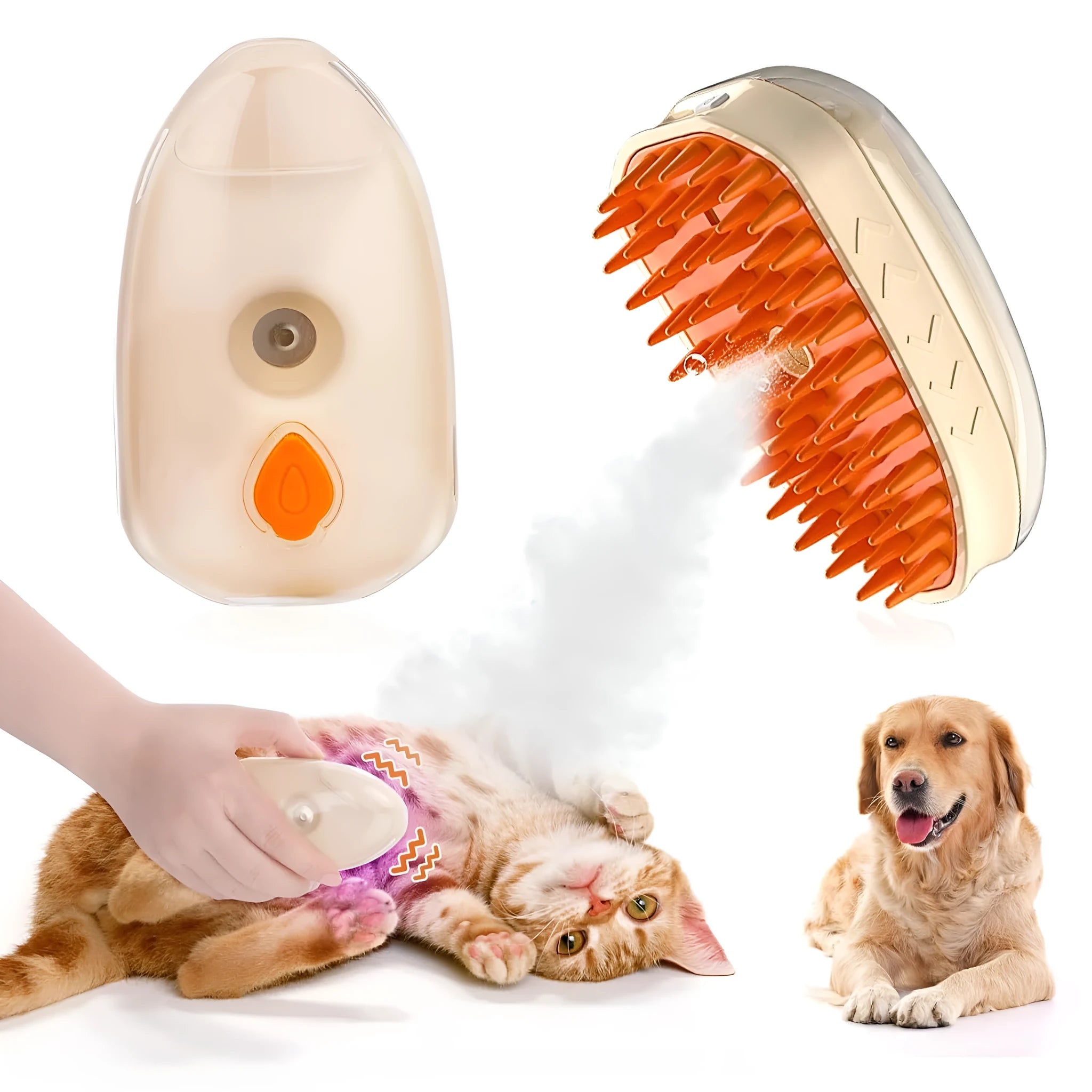 Yellow 4-in-1 cat steam brush with ringworm detector, vibration massage and USB charging