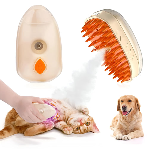 Yellow 4-in-1 cat steam brush with ringworm detector, vibration massage and USB charging