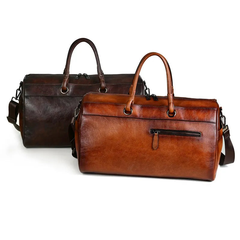 Handmade retro leather bag in vintage brown with large capacity.