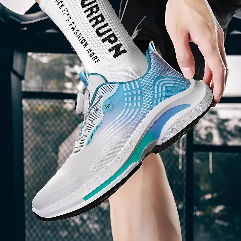 Men's low-top white and blue sneaker with a rotating buckle and mesh upper.