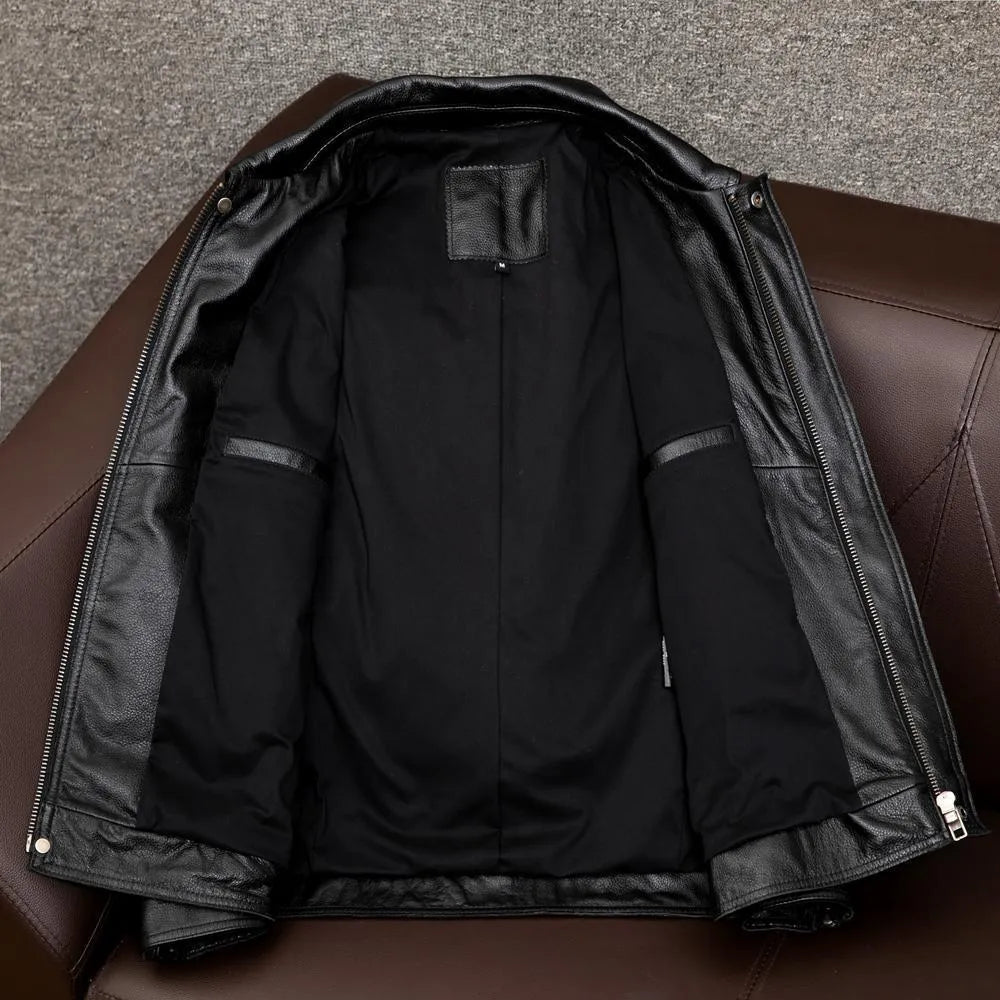 Men's brown PU leather lapel jacket with side seam pockets shown in loose fit