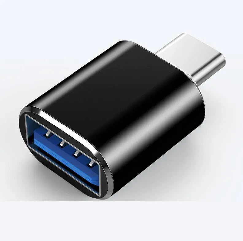 USB-C to USB-A OTG adapter in black, gold, and silver colour options for smartphones and tablets.