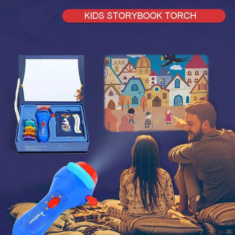 SmartKids children's handheld torch projector with four colourful story discs on a white background.