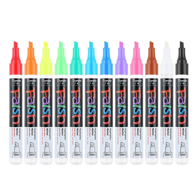 Electronic fluorescent board highlighter with oblique plastic body and a 6mm tip, shown with multi-colour refill options.