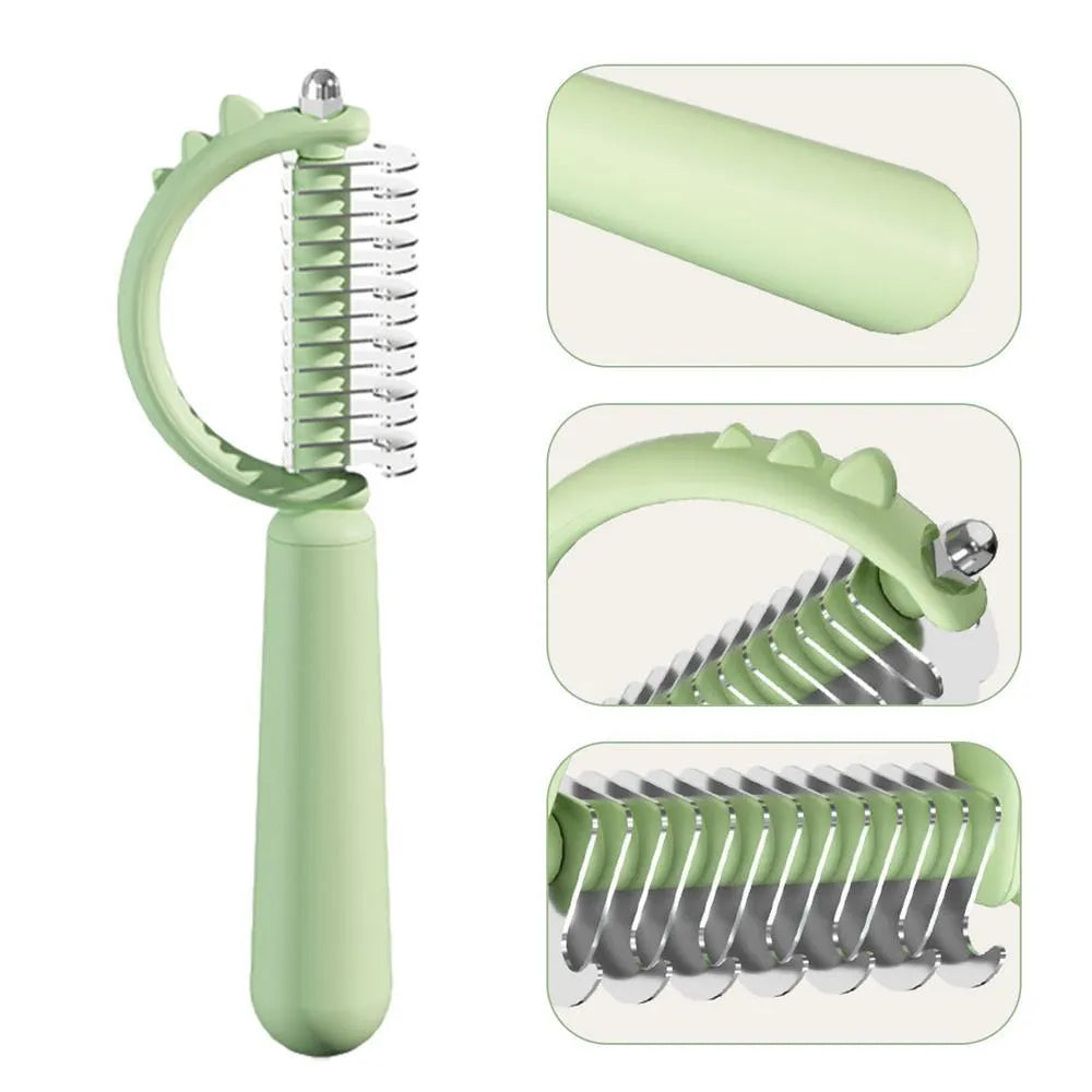 Dinosaur-shaped self-cleaning cat brush with stainless steel bristles in blue, green or white