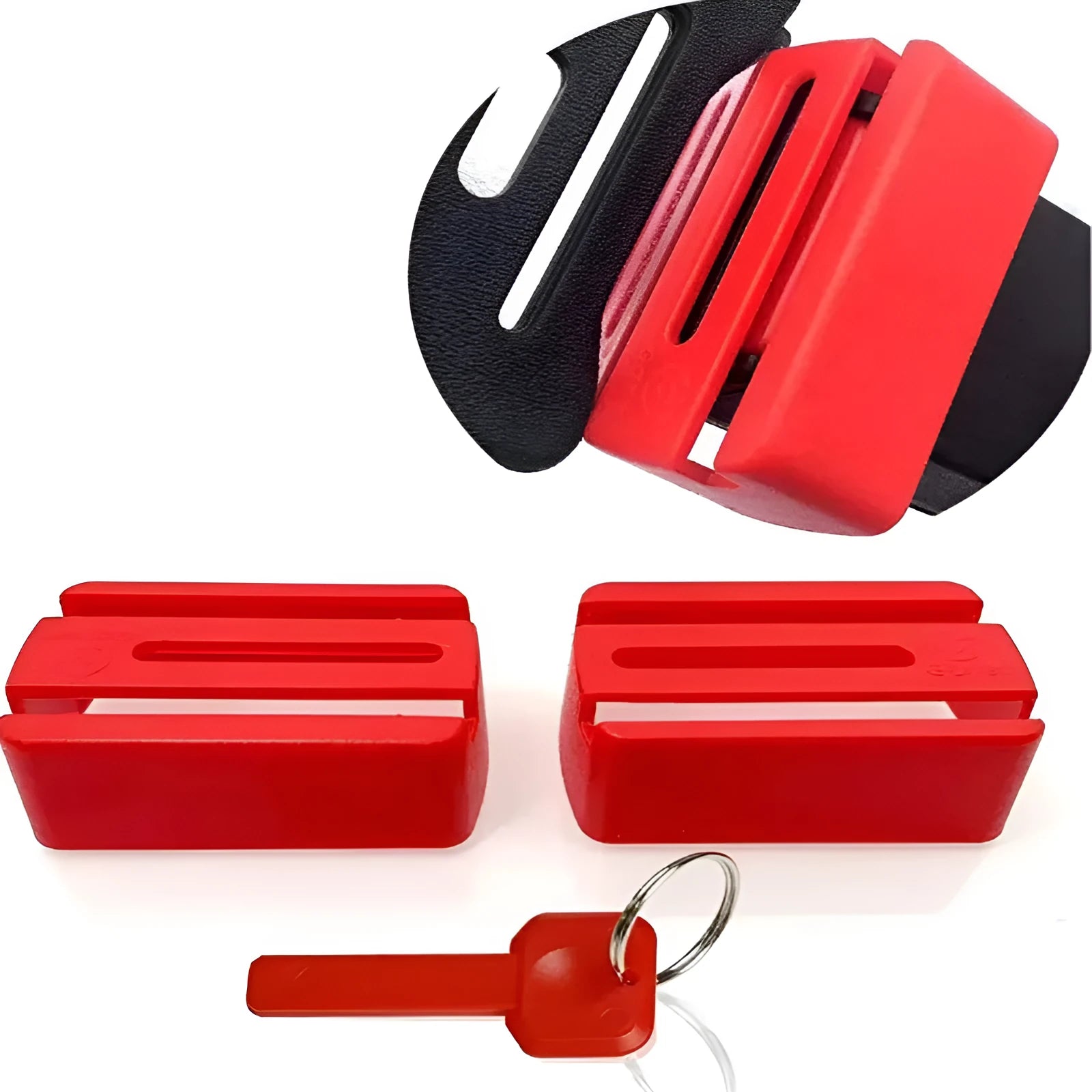 Black and red plastic seat belt buckle protective clamp holder device on a car seat.
