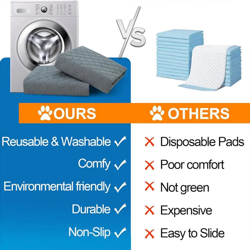 Pet Parents grey and khaki washable dog pee pads in multiple sizes on a wooden floor.