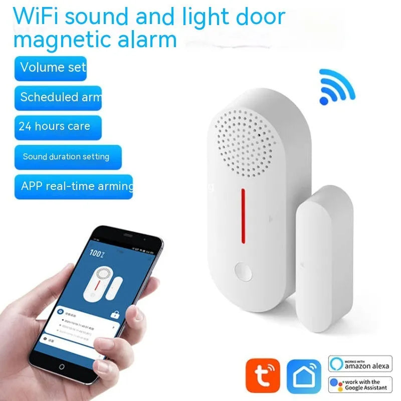 White WiFi door magnetic sensor alarm unit with separate magnetic contact for home security