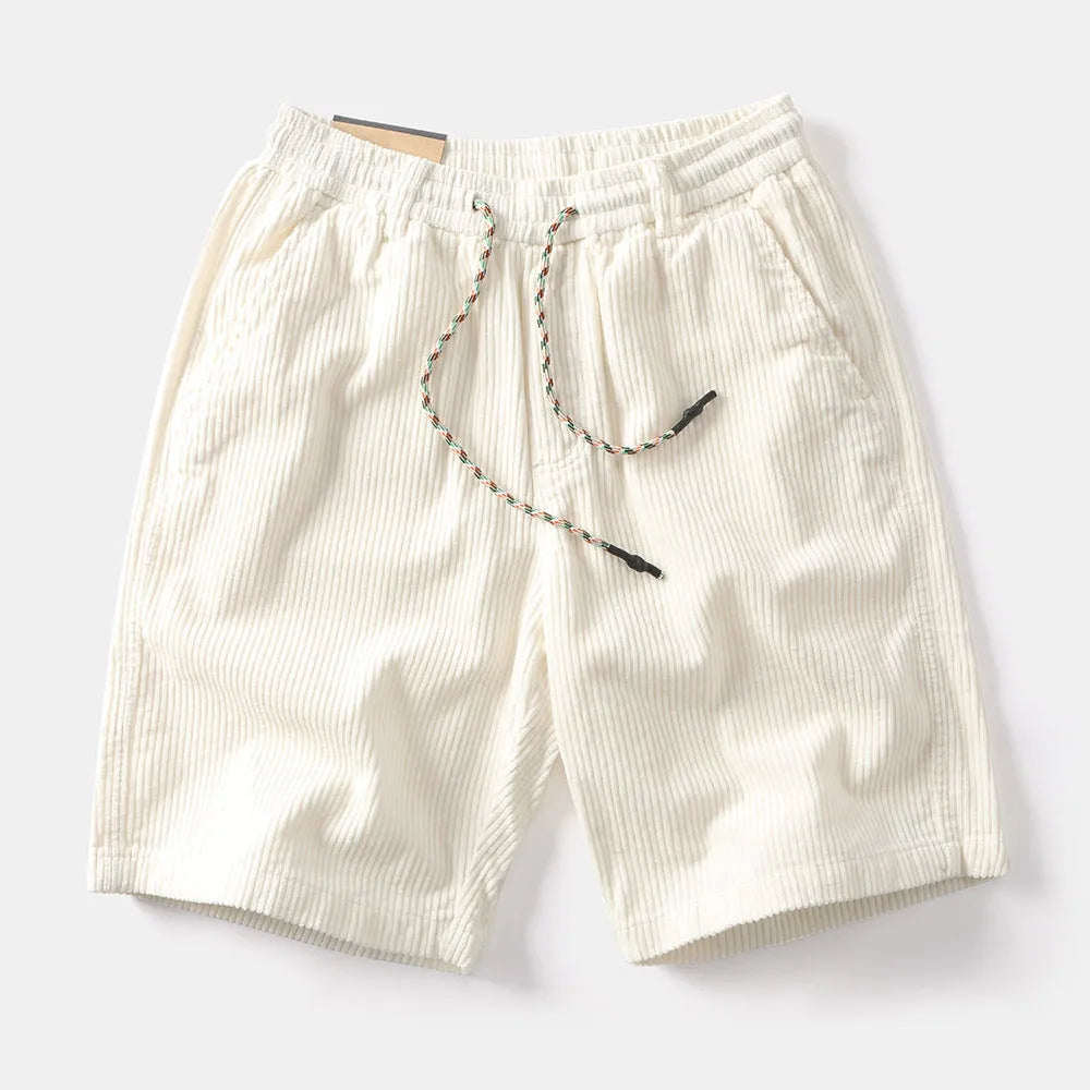 Men's khaki cargo shorts with straight leg cut and cargo pockets on thigh