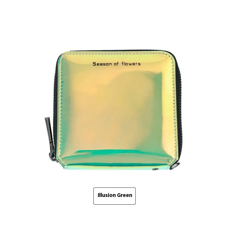 Women's Korean style short folding wallet in glitter blue or green colours showing compact 11cm dimensions