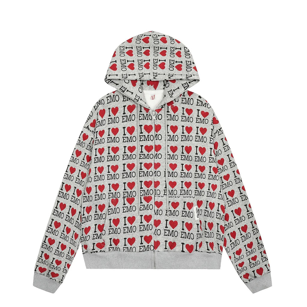 Women's melange grey retro pattern hooded cardigan with long sleeves and street fashion styling
