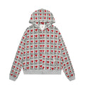 Women's melange grey retro pattern hooded cardigan with long sleeves and street fashion styling