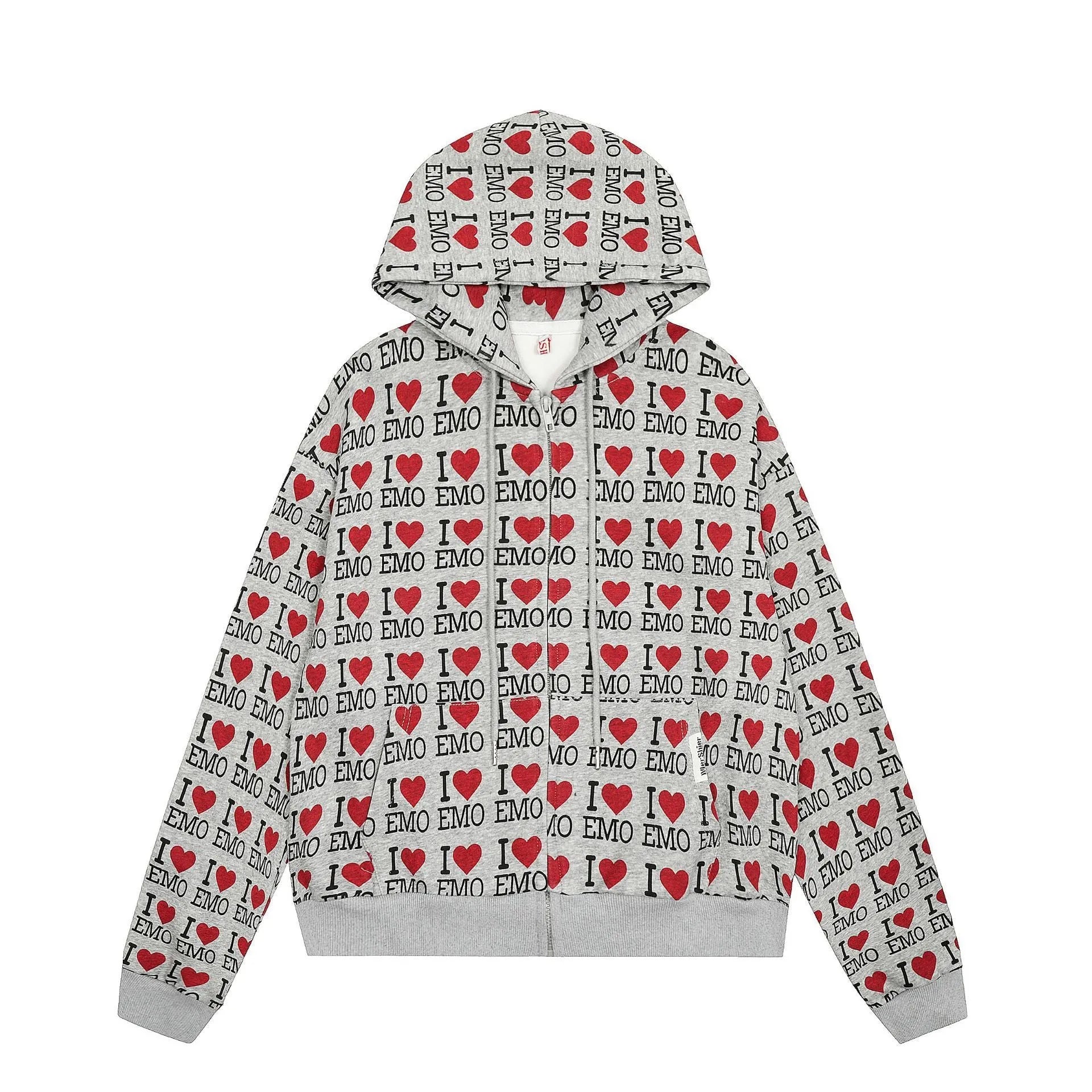 Women's melange grey retro pattern hooded cardigan with long sleeves and street fashion styling