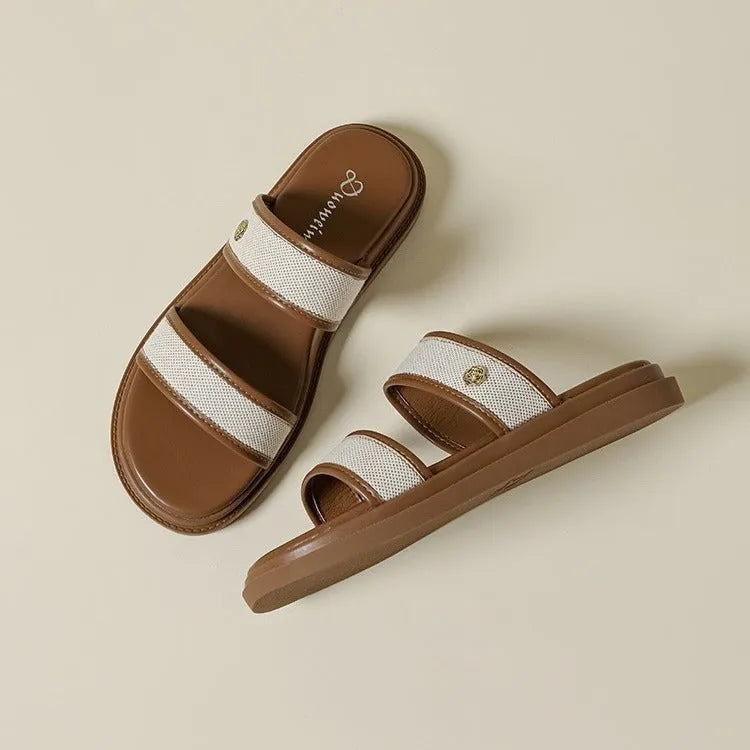 Brown and black vintage women's soft bottom flip-flops with artificial PU upper