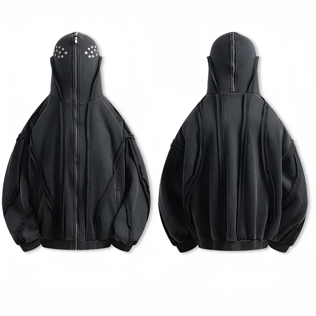 Black men's loose fit hooded cardigan coat with abstract pattern and zip front