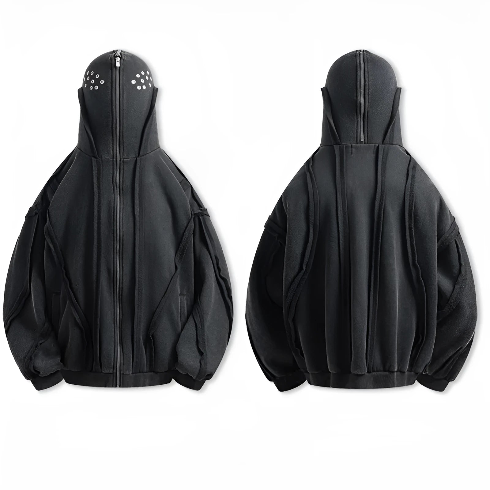Black men's loose fit hooded cardigan coat with abstract pattern and zip front