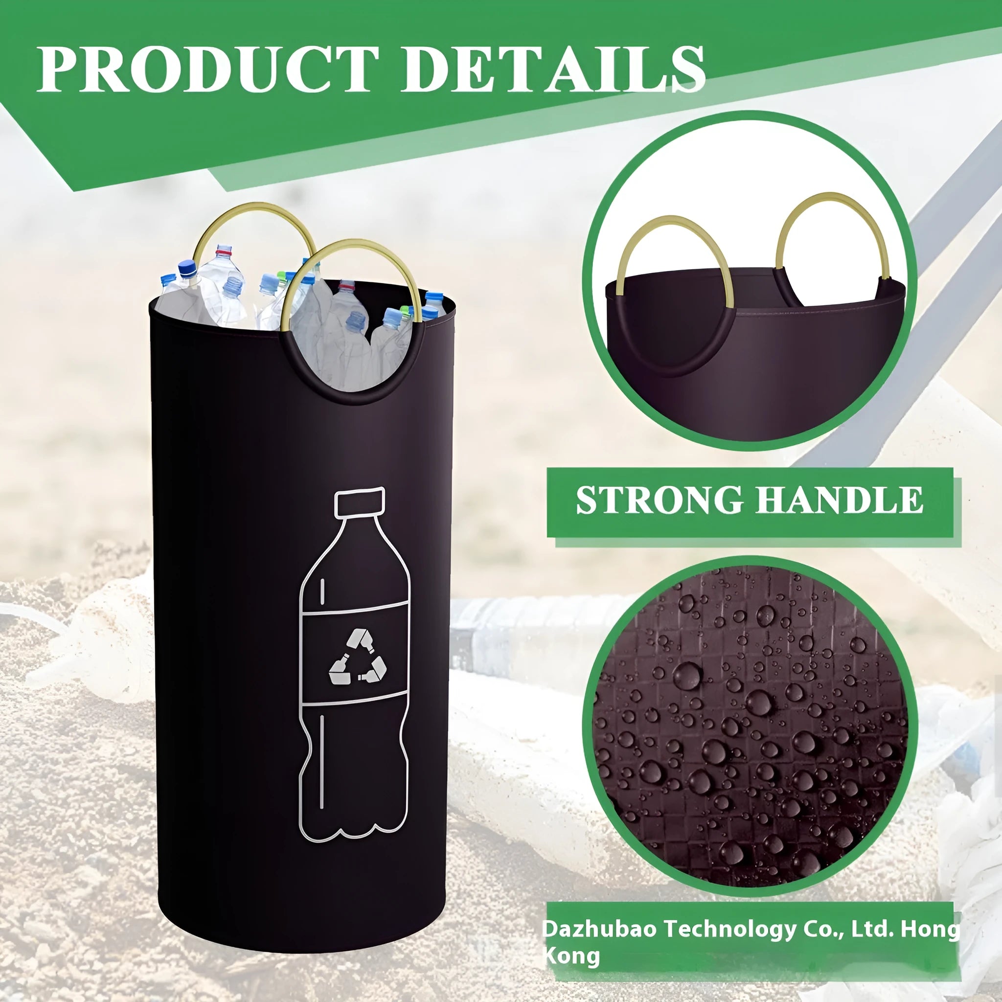 Round portable polypropylene trash can measuring 38cm diameter by 72cm height for outdoor events