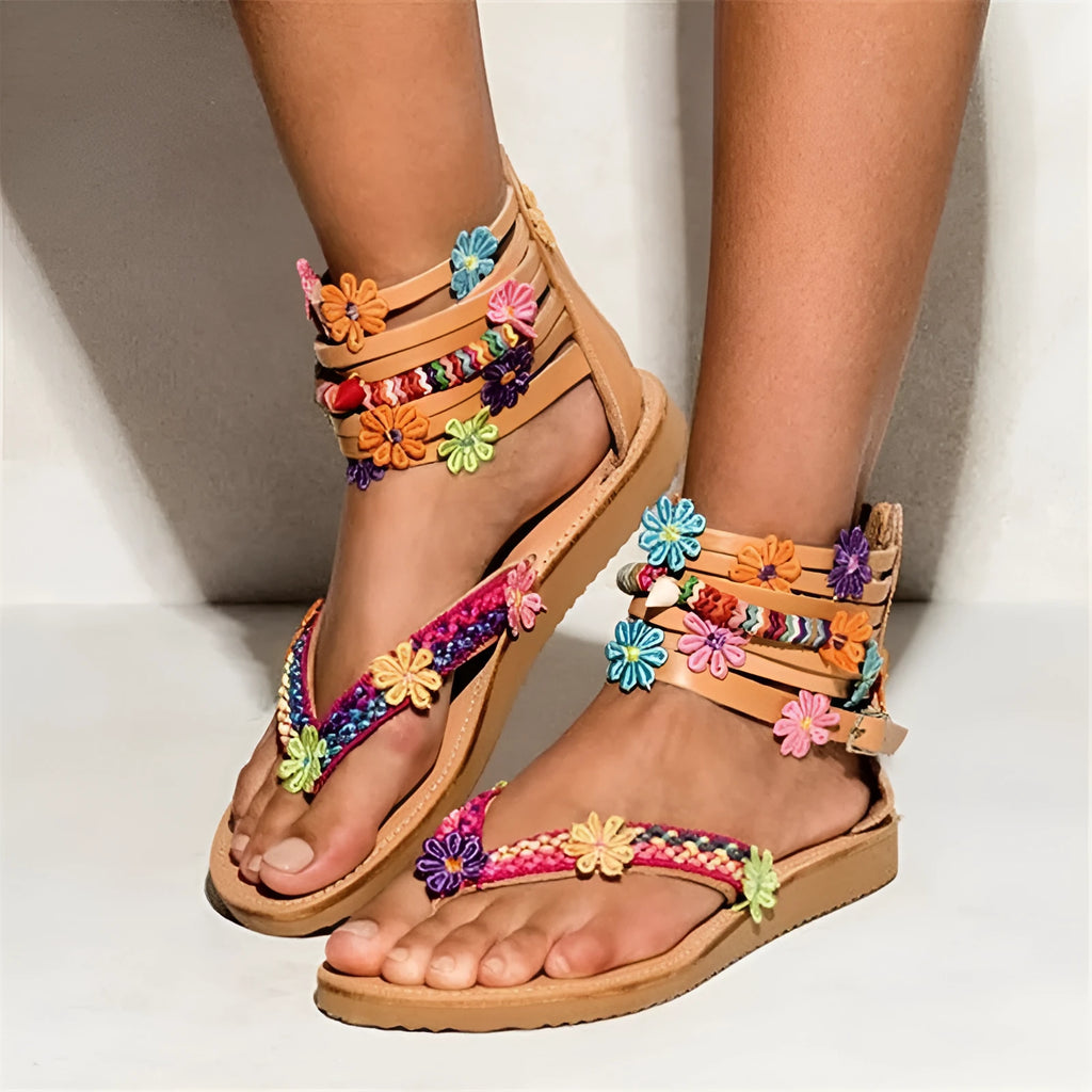 Women's Roman sandals with beaded petal design on artificial PU upper in round toe shape