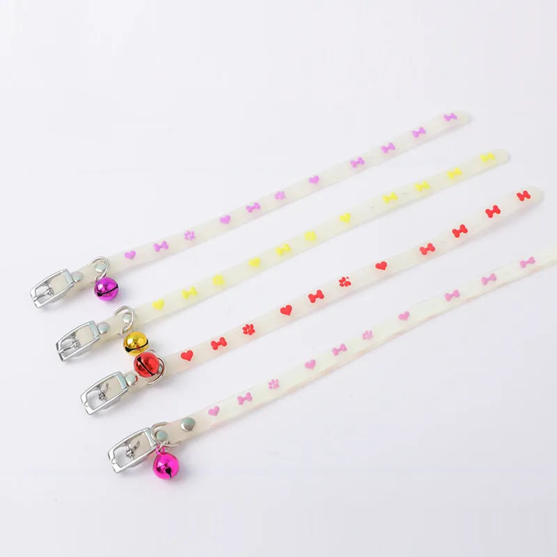 Adjustable luminous cat collar with silicone rope chain and metal bell in one of four pattern styles