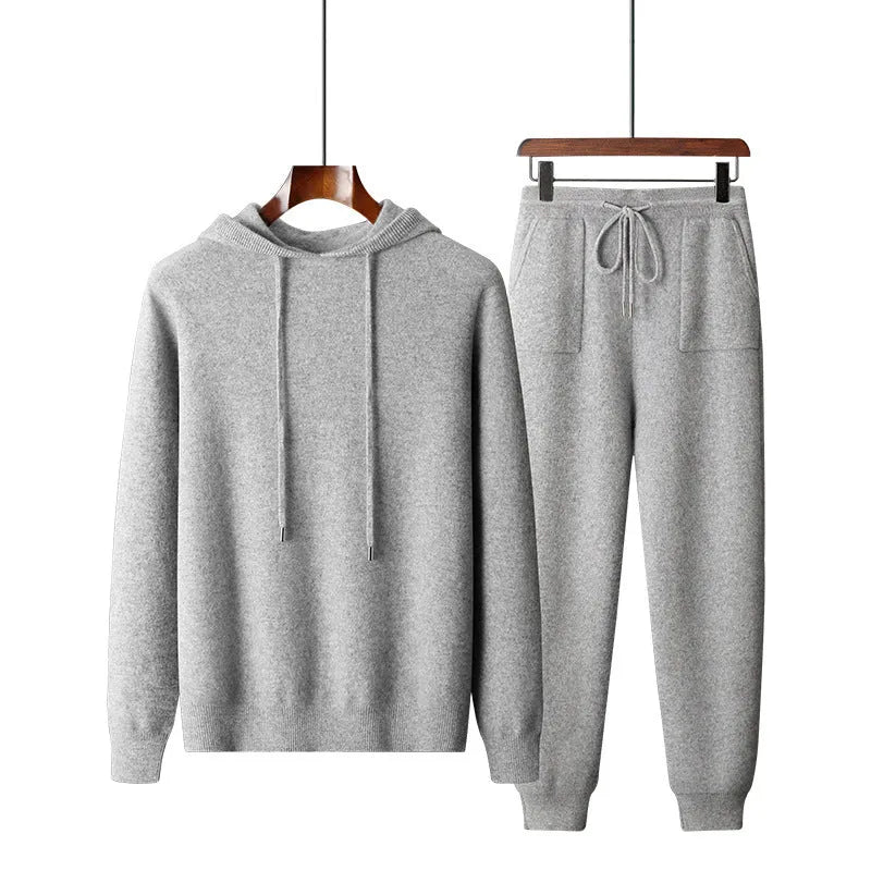 Men's light grey cashmere hooded sweatshirt and matching trousers set for winter leisurewear