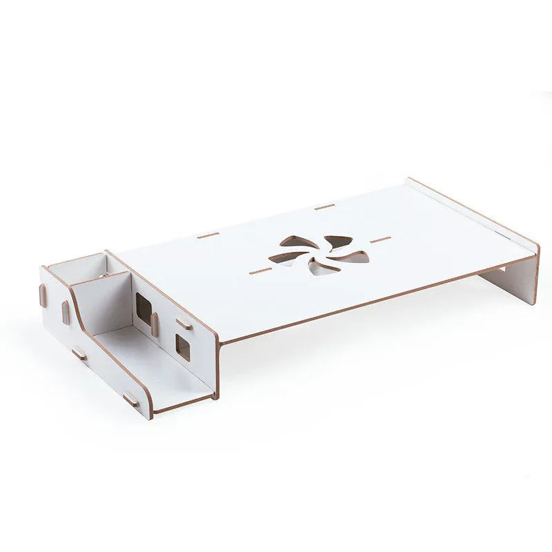 Paper laptop cooling rack in black on desktop showing 28x56x8.5cm dimensions